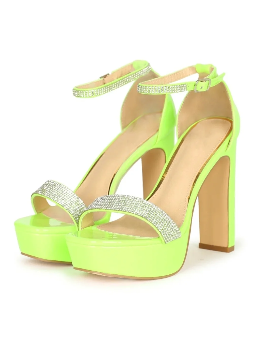 Neon Lime Platform Rhinestone Ankle-Strap Heels